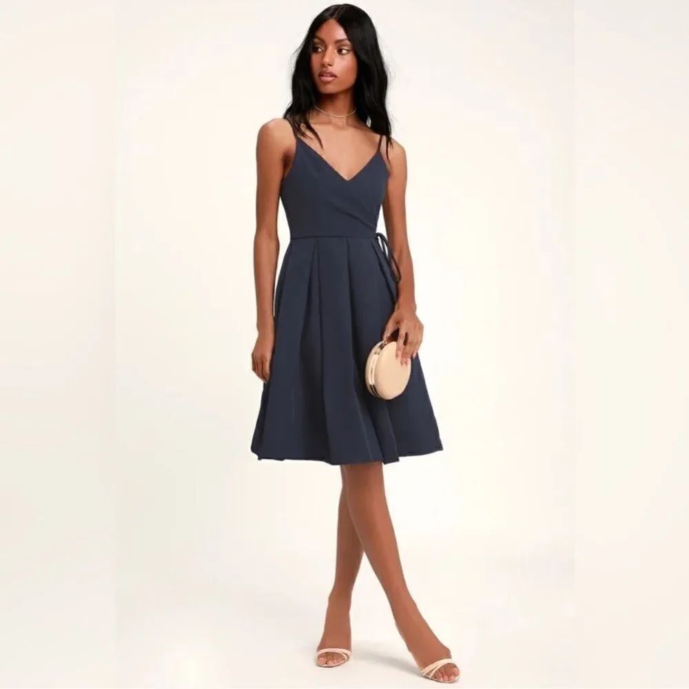 Lulus Thinking About You Navy Blue Pleated Faux Wrap Midi Dress Size Small